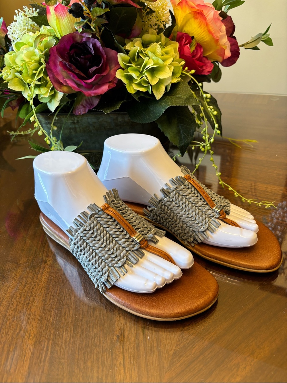 Andre Assous Steel Blue Braided Fringe Toe-Post Sandals with Brown Footbed